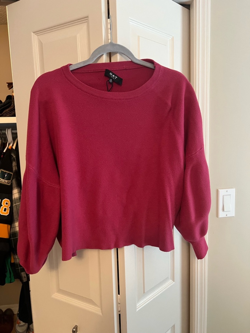 Fuchsia Crewneck Sweater with Balloon Sleeves